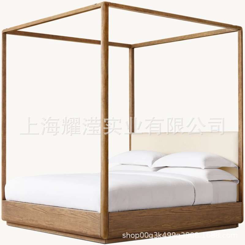 RH美式实木橡木大床法式复古轻奢四柱床北欧架子床立柱蚊帐纱幔床