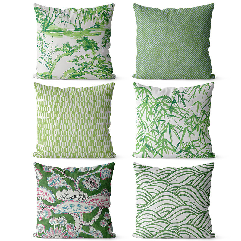 中式风格棉麻沙发抱枕绿色双面古典图案床头大靠垫腰垫套定制尺寸
