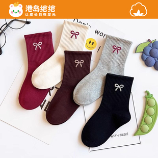 港岛绾绾秋冬季中筒女童运动蝴蝶结韩版安可拉红学生中筒袜棉袜