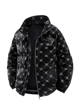 百搭立领短款棉衣男女同款冬季保暖拉链外套潮夹棉面包服满印棉服