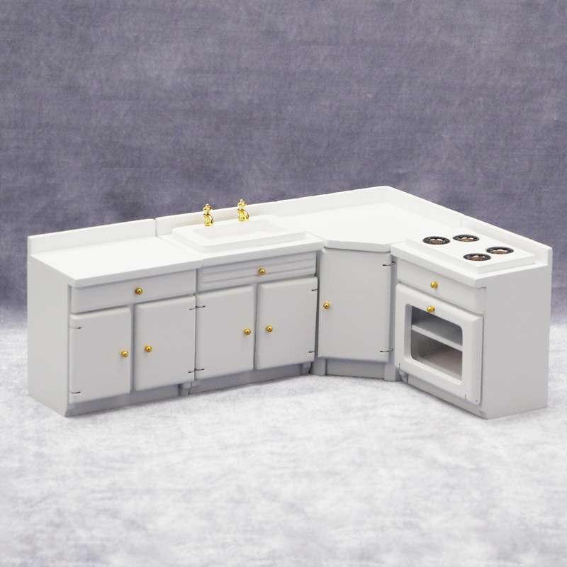 1:12娃娃屋dollhouse迷你家具微场景白色厨房橱柜家具四件套