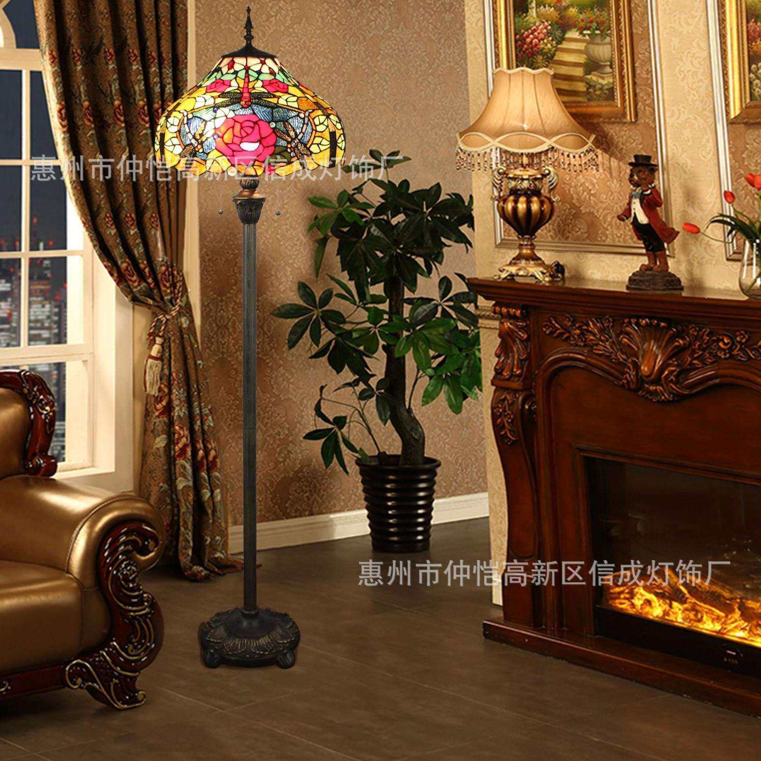蒂凡尼欧式红色酒吧咖啡餐厅卧室新中式蜻蜓富贵玫瑰花婚房落地灯