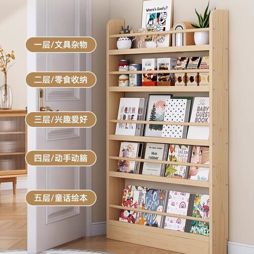 实木书架一体靠墙门后置物架过道收纳窄柜壁挂书柜儿童绘本架