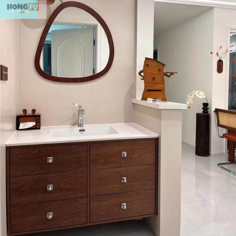 鸿福嘉月橡木中古风陶瓷一体盆实木浴室柜组合卫生间洗手烤漆洗漱