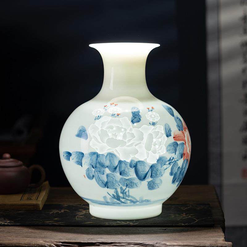 景德镇高档手绘国色天香薄胎花瓶创意玲珑陶瓷瓶子透光插花瓶送礼
