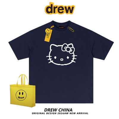 drew笑脸HelloKitty猫卡通印花纯棉短袖t恤男女潮牌宽松情侣半袖