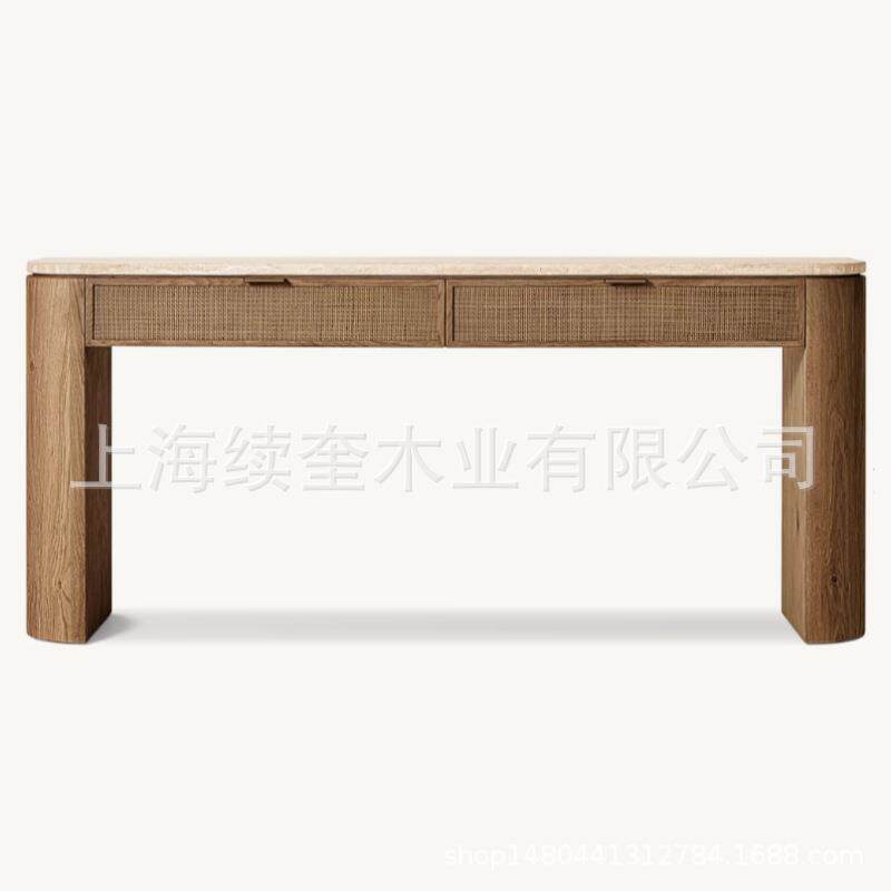RH美式简约实木入户洞石台面玄关台客厅隔断柜工厂出口家具