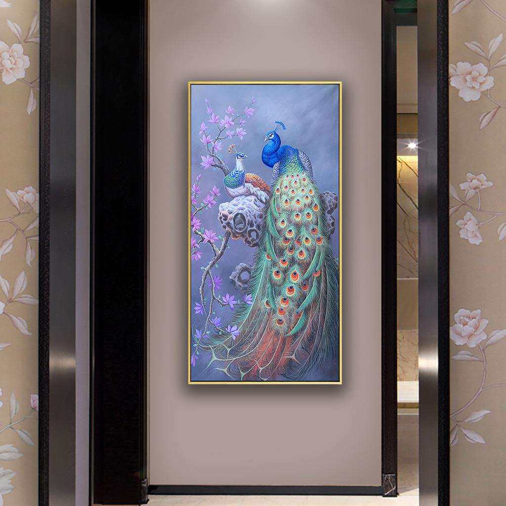 新中式手绘孔雀油画玄关装饰画客厅挂画美式过道竖版高端入户壁画