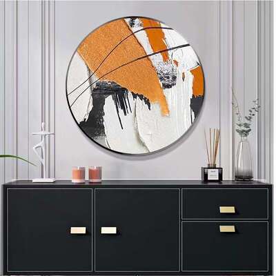 纯手绘圆框装饰画橙色系玄关客厅挂画手工立体丙烯石英砂肌理画