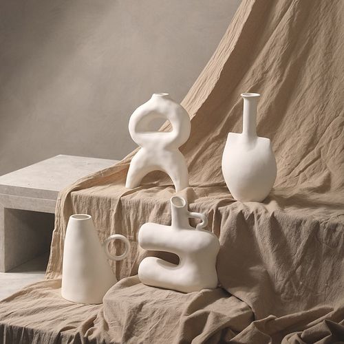 现代简约中古风抽象艺术陶瓷花器哑光色组合装饰品电视柜书柜摆件