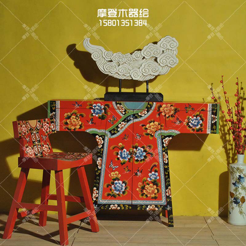 彩绘复古梳妆台玄关柜客厅柜鞋柜门厅柜装饰柜中式实木家具定制