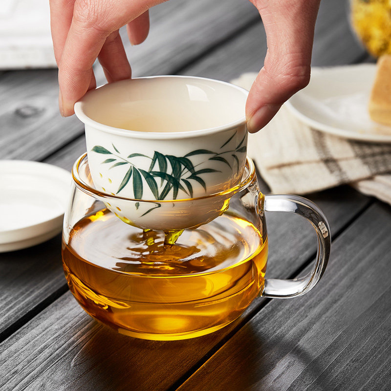 玻璃杯带把盖茶水分离泡茶杯喝水透明办公室女夏季透明过花茶杯子