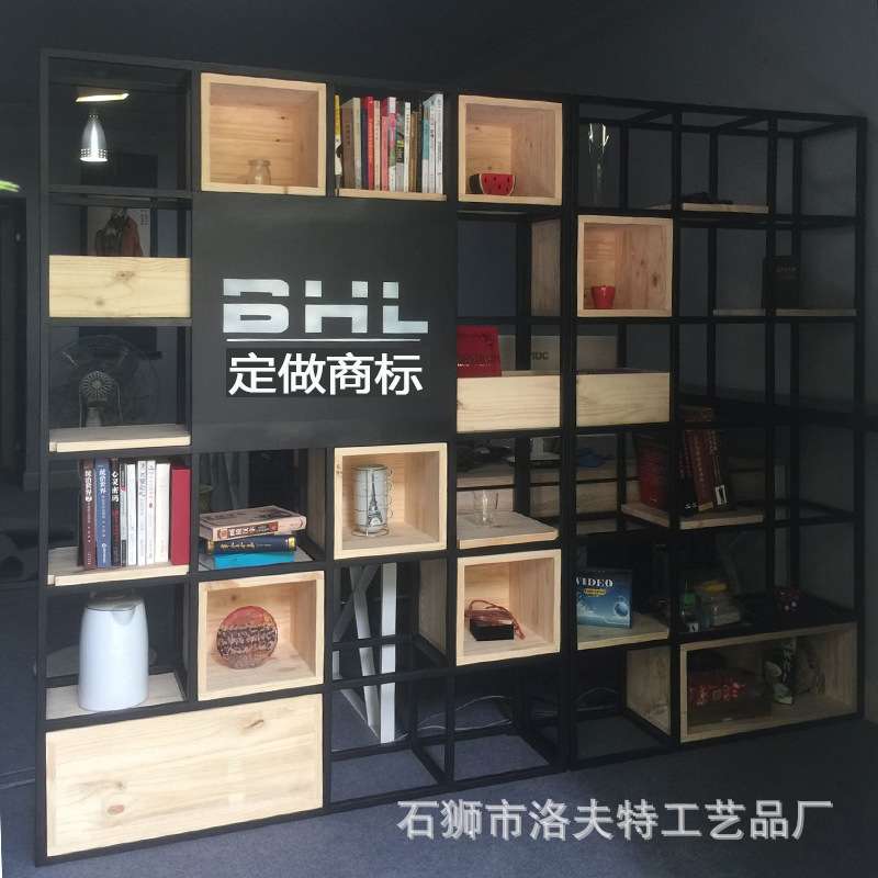 铁艺隔断墙置物架 美式实木复古客厅置物架格子架LOFT展示架