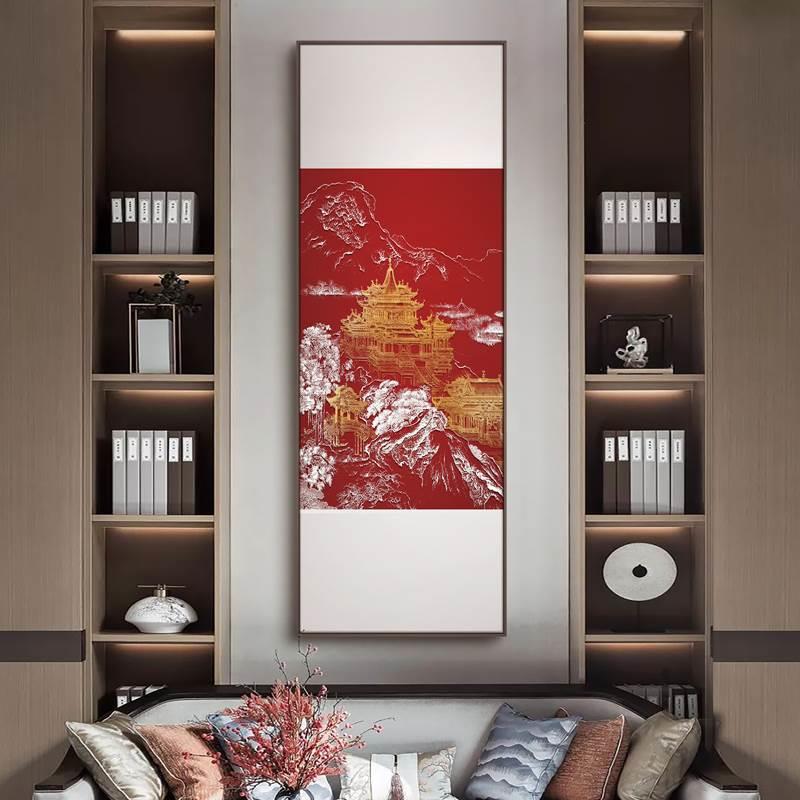 新中式红色风景浮雕肌理装饰画入户玄关立体壁画高端大气竖版挂画