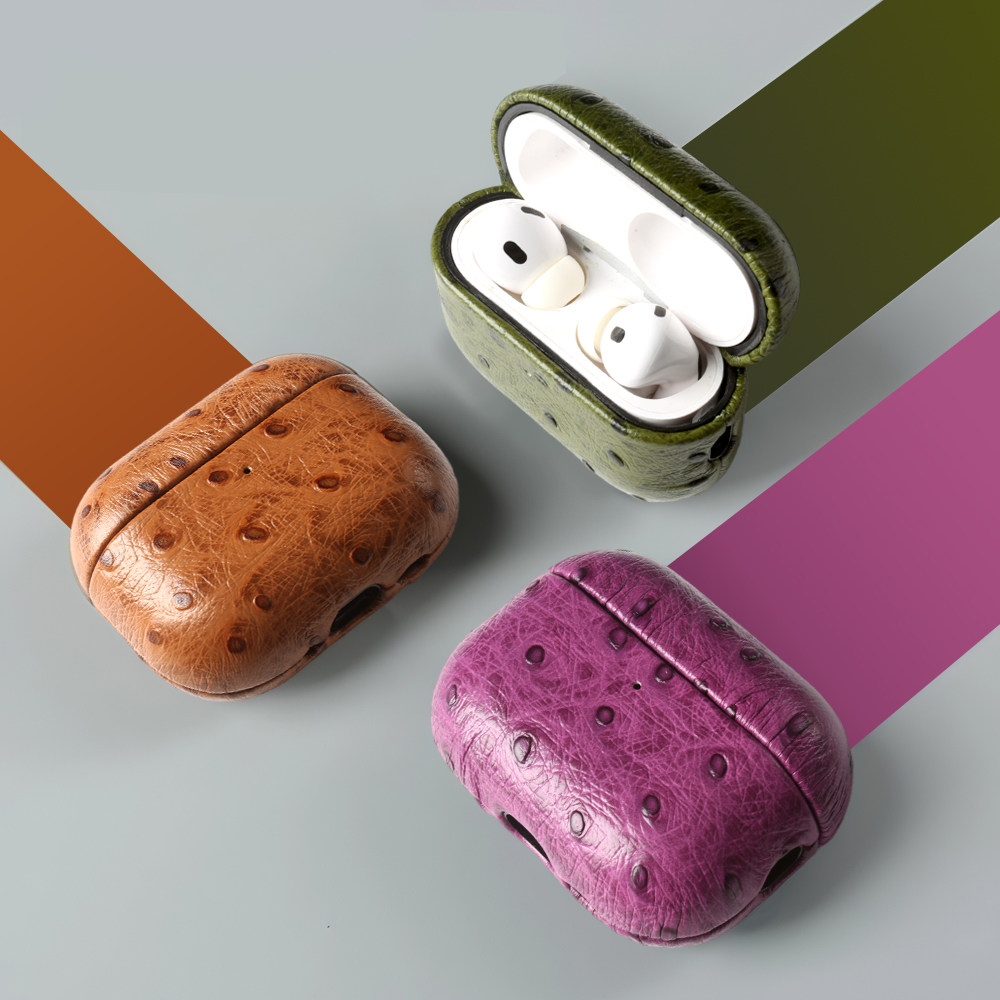 鸵鸟纹真皮airpodspro3保护壳适用苹果三代pro2高级复古风蓝牙airpods4代降噪皮质耳机套新款C口3真皮保护套