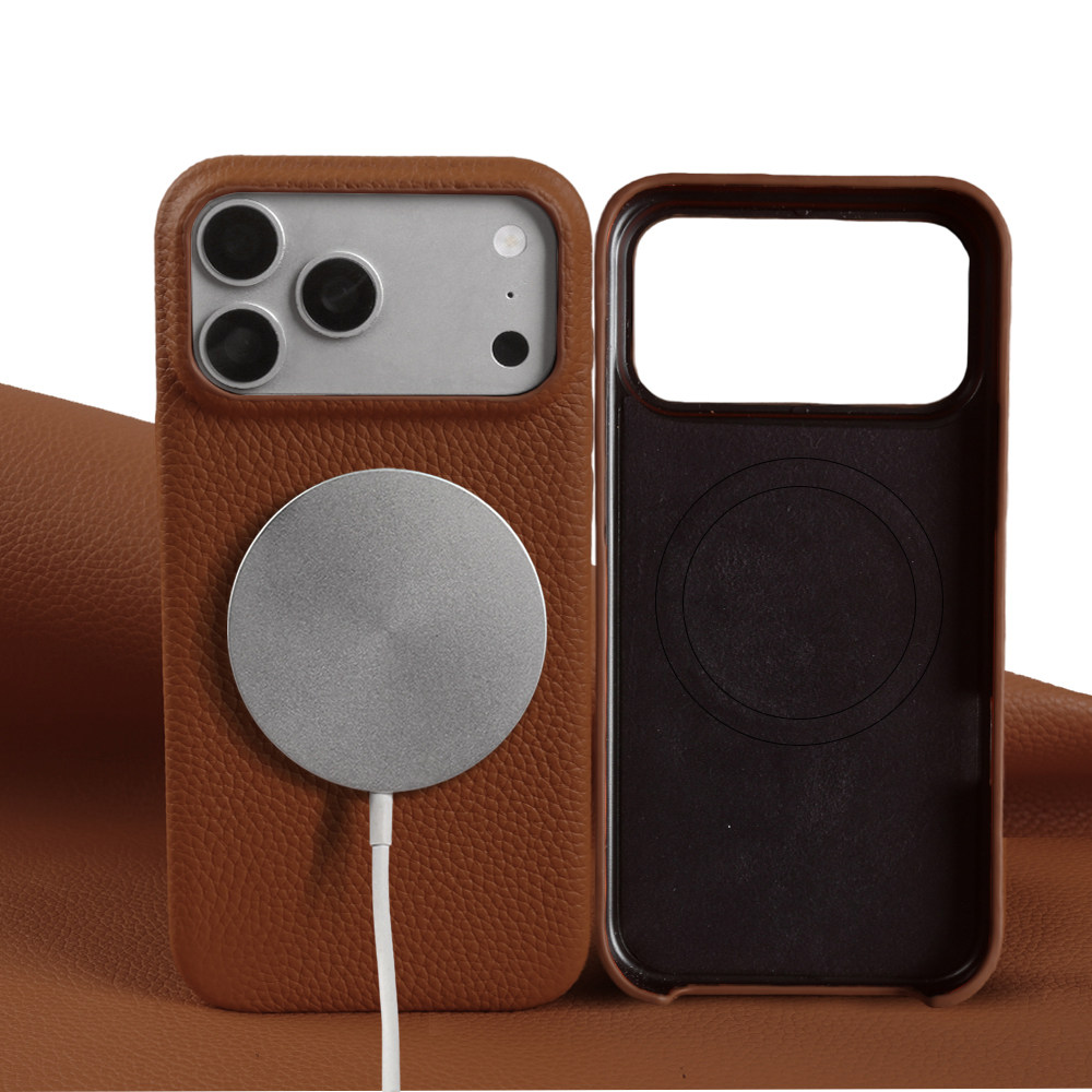 复古棕适用苹果17Promax手机壳新款荔枝纹真皮16Pro磁吸外壳轻奢高级感15ProMax小众奢华防摔头层牛皮保护套