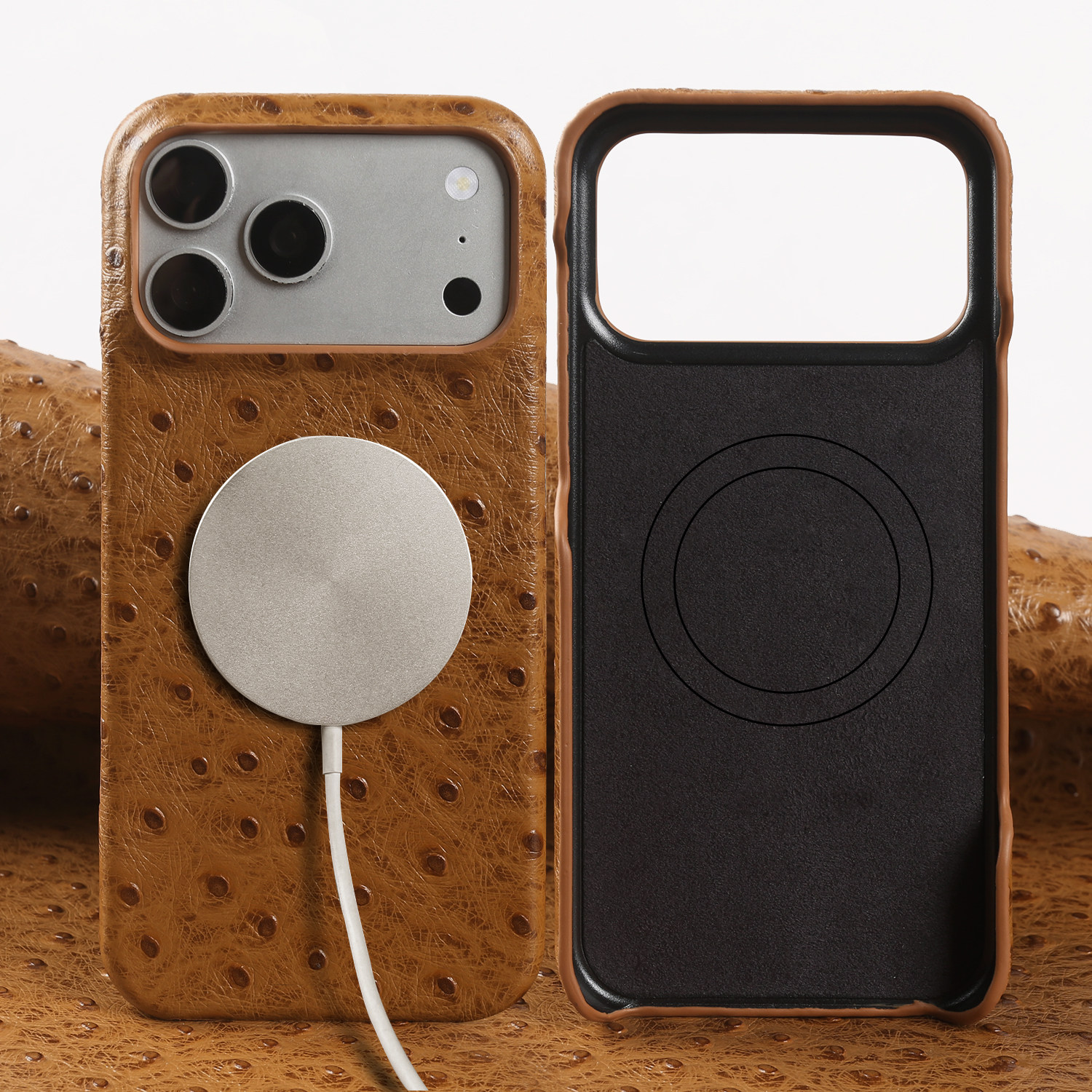 适用苹果17Promax手机壳新款鸵鸟纹真皮16轻奢高级感15小众奢华14轻薄皮质外壳磁吸13防摔头层真牛皮保护套12