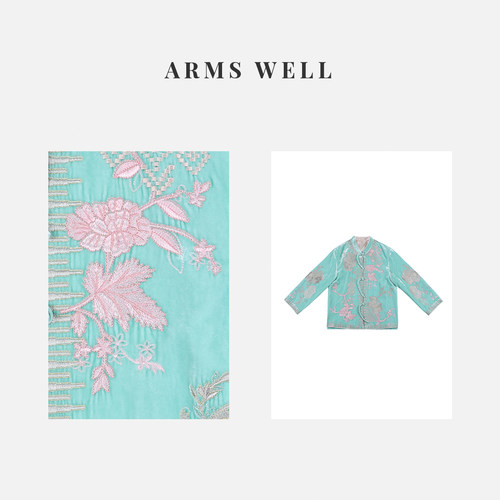 ARMS WELL王囡囡 浅绿色丝绒金线绣花桑蚕丝国风新中式外套 S14