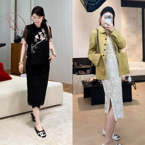 王囡囡 白/黑色蕾丝松紧腰半身裙（有内衬）6XL3