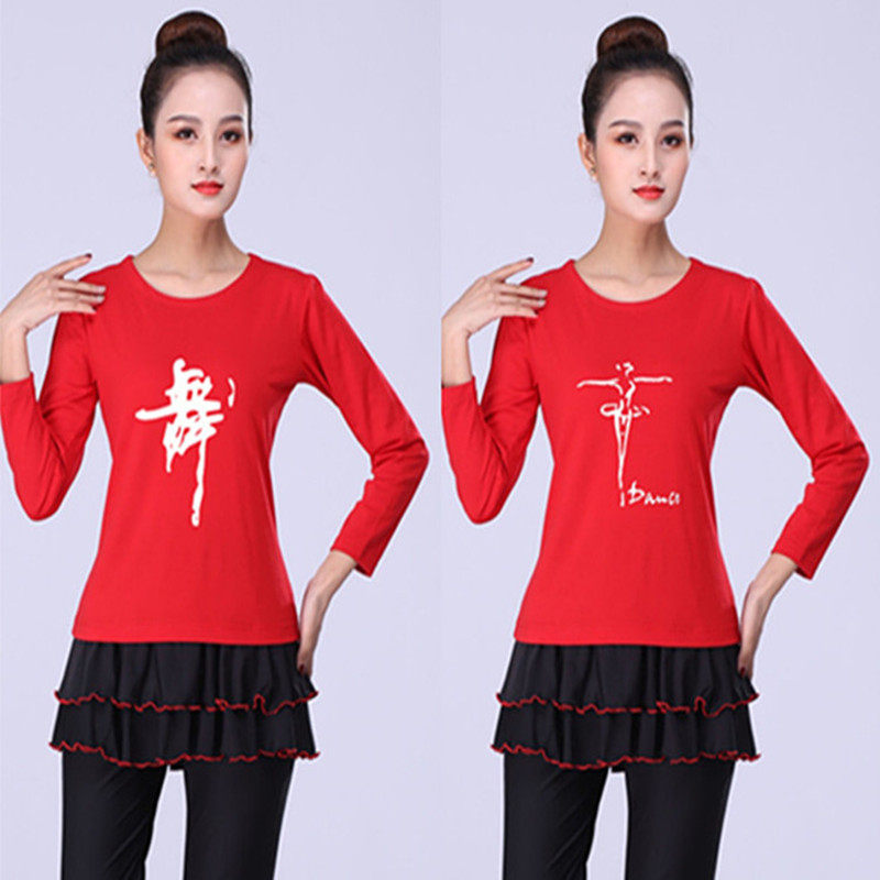 女舞字T恤文化衫拉丁广场舞蹈练功服上衣长袖修身款圆领包邮