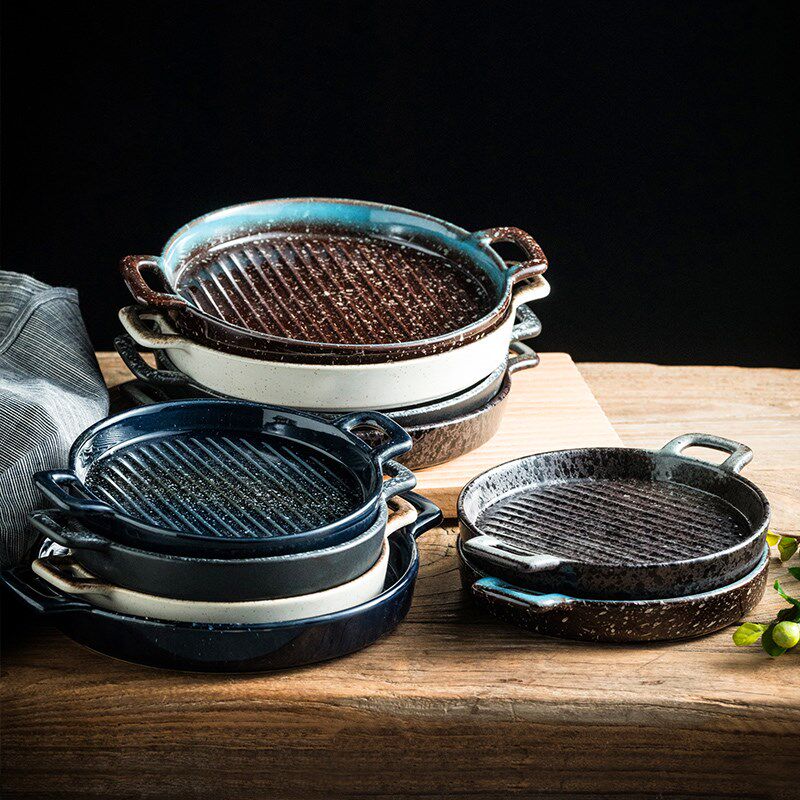 创意双耳陶瓷烤盘烤箱盘烘焙盘芝士披萨盘家用菜盘子西餐盘早餐