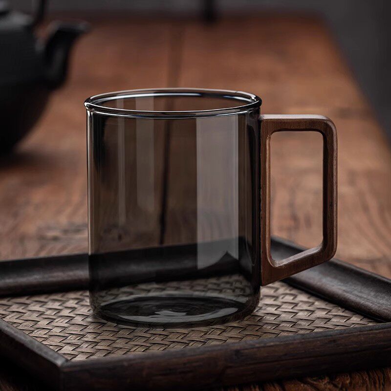 中式复古玻璃水杯耐高温木柄水杯工夫茶套装待客茶杯家用喝水杯子