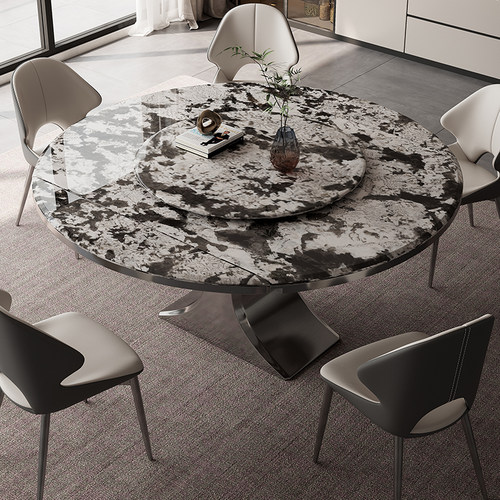 古调大理石伸缩餐桌高端现代简约小户型家用方圆两用电磁炉圆桌椅