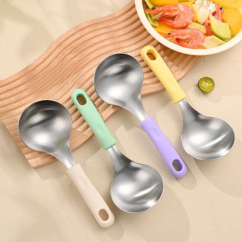 韩式食品级硅胶不锈钢汤勺短把大号盛汤勺子防烫粥勺拉面勺火锅勺