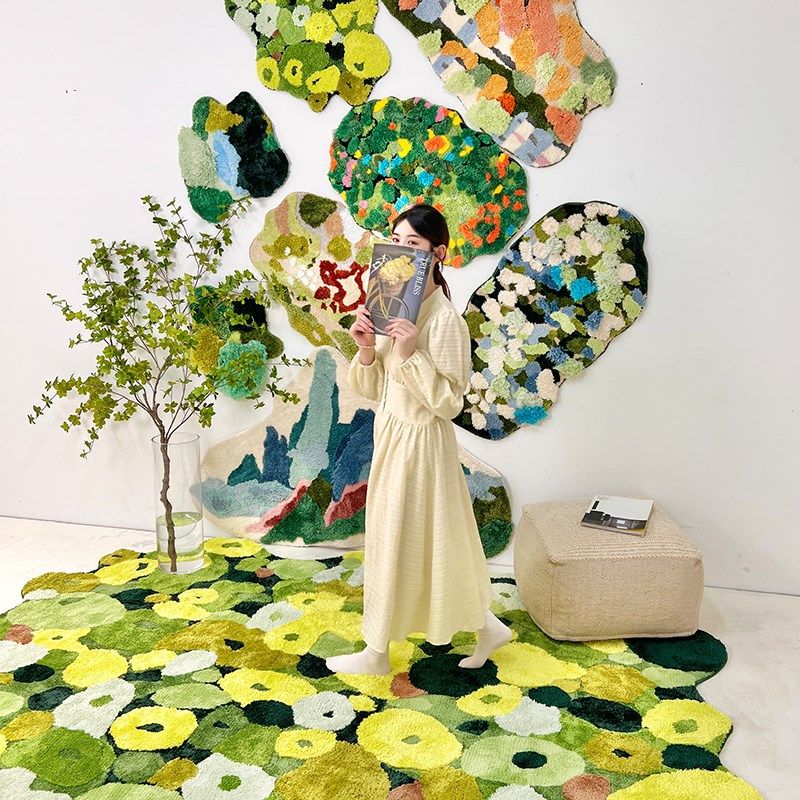 森系苔藓地毯卧室长条床边毯子儿童房间地垫花朵异形飘窗垫可机洗