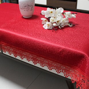 红色提花喜庆长方形台布家用茶几桌布艺餐桌布结婚庆蕾丝花边盖布