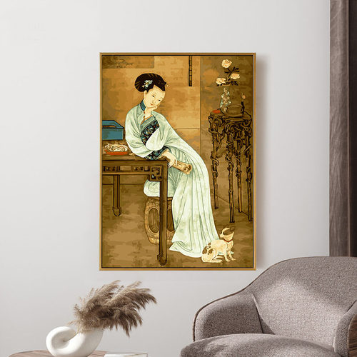 数字油画diy填充手绘丙烯肌理画手工人物填色画油彩画 春闺倦读图