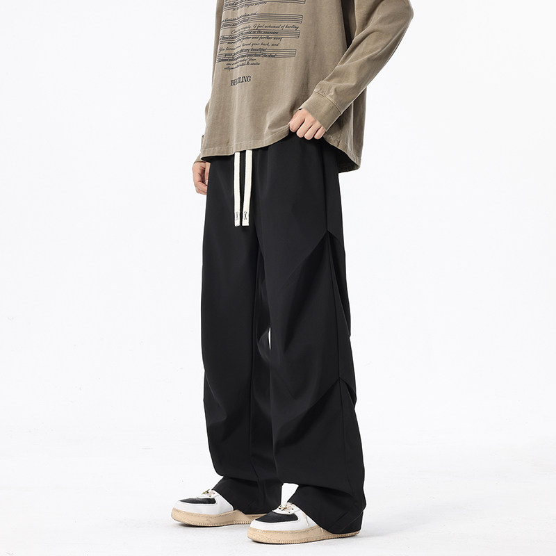 宽松阔腿褶皱牛仔裤男春秋季水洗深色口袋工装设计感休闲裤子,男装,休闲裤,淘宝优惠券,粉丝福利购,淘宝优惠卷