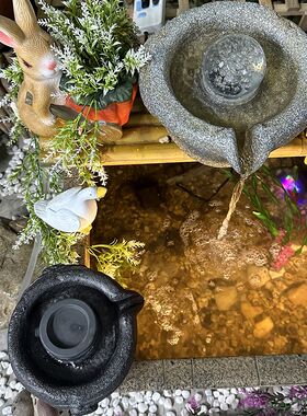 仿真石臼石磨转运水晶球流水造景过滤水缸古法养鱼树脂材质摆件