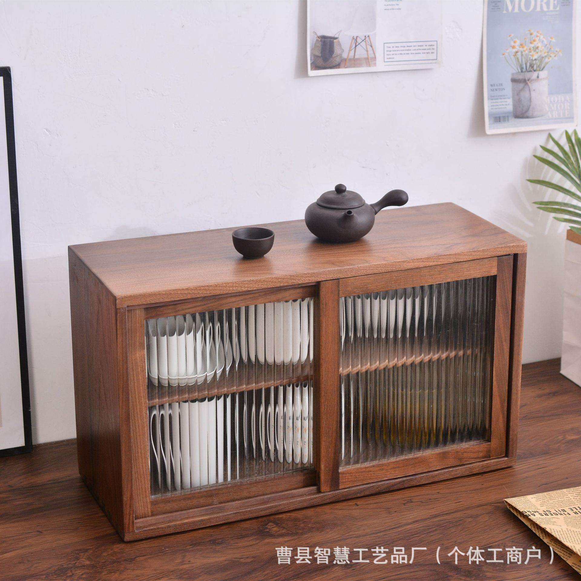 实木推拉门储物柜家用黑胡桃木新中式玻璃碗柜桌面茶具瓷器收藏柜