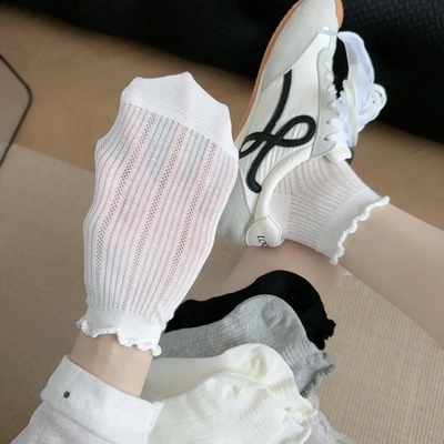 【下单立减50】白色袜子女短袜纯色网眼透气夏季薄款花边袜QC