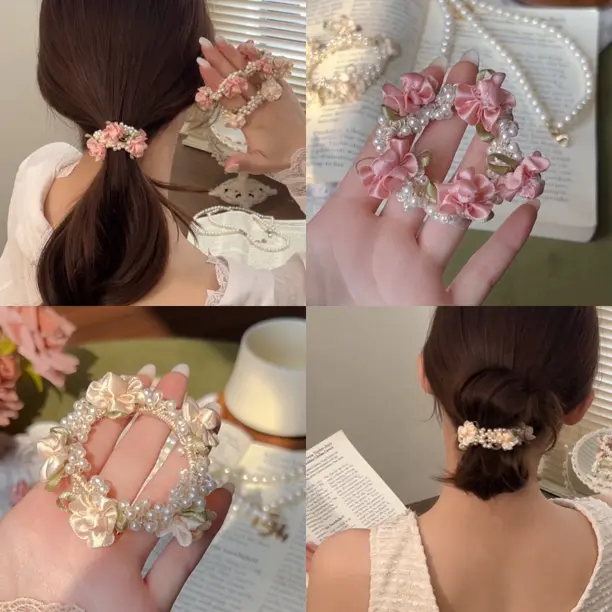 【下单立减50】法式玫瑰油画风贝珠少女花朵发圈编织仙女头绳YB