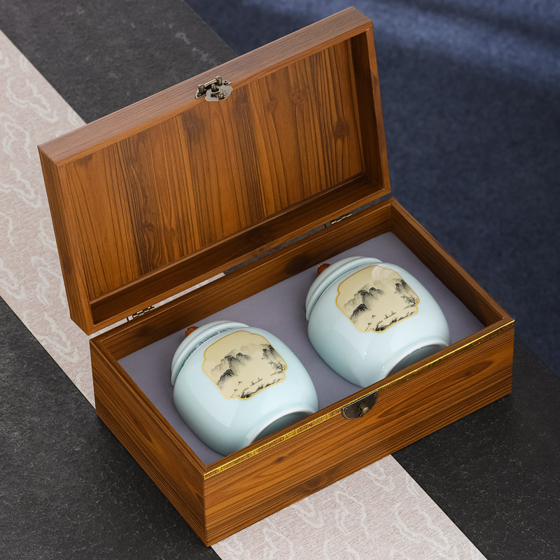 陶瓷茶叶罐包装木盒通用半斤装龙井绿茶红茶白茶普洱双罐空盒定制
