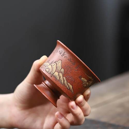 宜兴创意紫砂杯品茗杯手工刻绘高足杯高脚杯仿生主人杯茶具茶玩