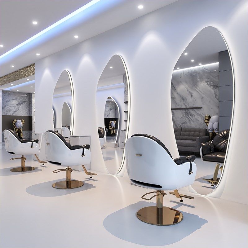 高端网红理发店椭圆镜子发廊专用单面双面美发落地镜台带灯全身镜