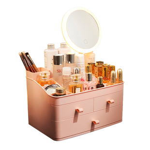 网红化妆品收纳盒带LED灯镜子一体家用梳妆台桌面上护肤品置物架