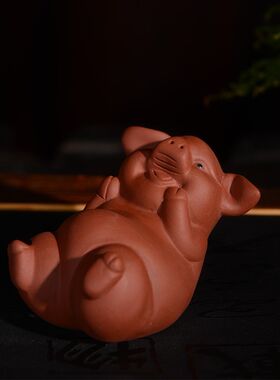 紫砂欢天喜地猪茶宠十二生肖招财猪精品手工茶玩精品茶艺茶道摆件