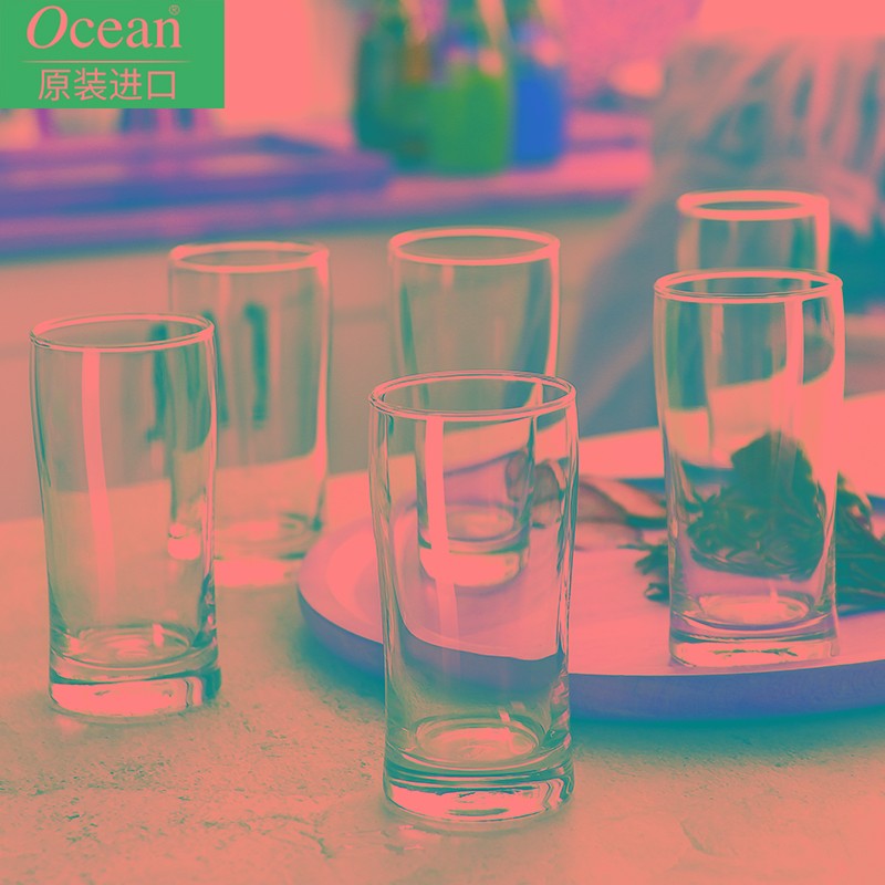 Ocean进口耐热玻璃水杯家用可微波炉诗贝尔235ml6件套带托盘杯架
