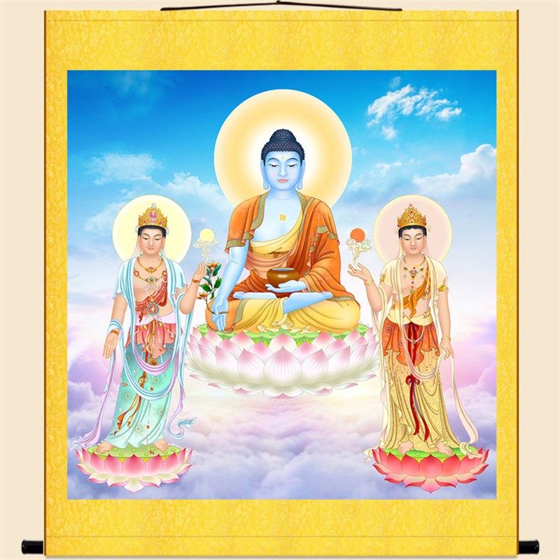 东方三圣画像 药师佛如来 日光月光菩萨挂画 佛堂丝绸卷轴画
