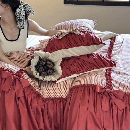 爱意与浪漫︱法式少女红色全棉四件套纯棉爱心蝴蝶结小众结婚床品