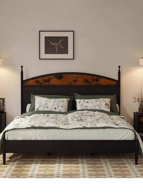 云梦法式复古实木床新中式中古黑色白蜡木双人床创意设计师卧室