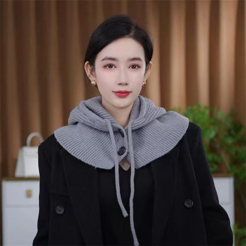 秋冬上新拉法围巾帽披肩冬季围脖一体毛线帽显脸护耳毛线针织保暖