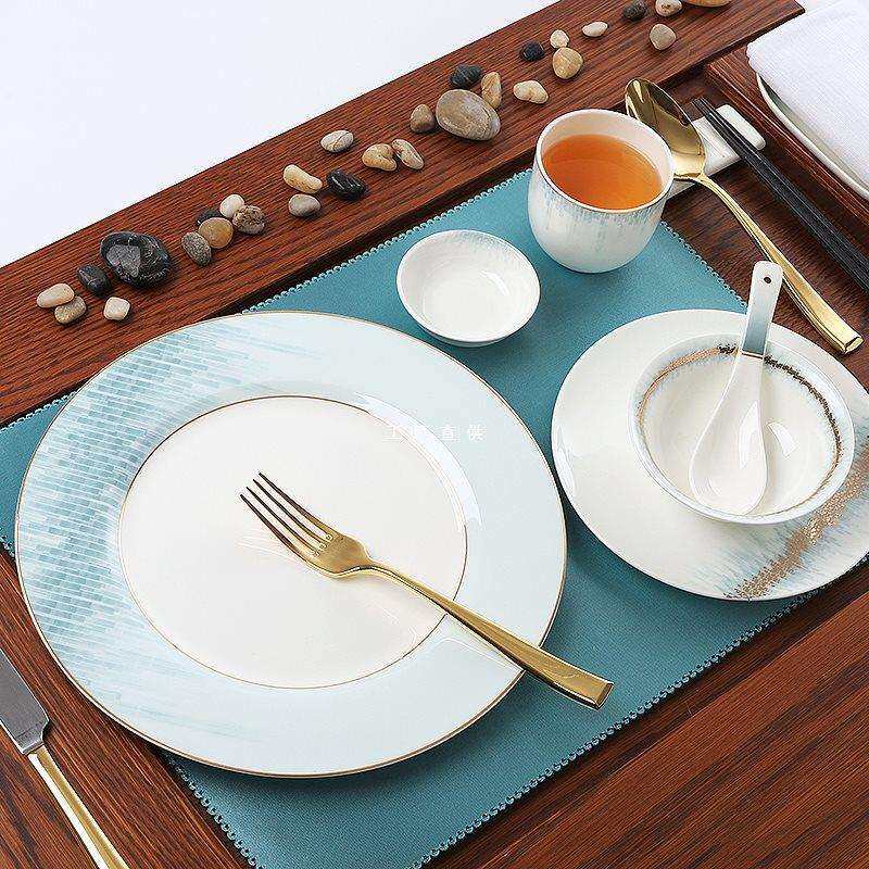 酒店用品餐具摆台四件套轻奢淡雅陶瓷碗碟盘勺定制样板餐厅圆形