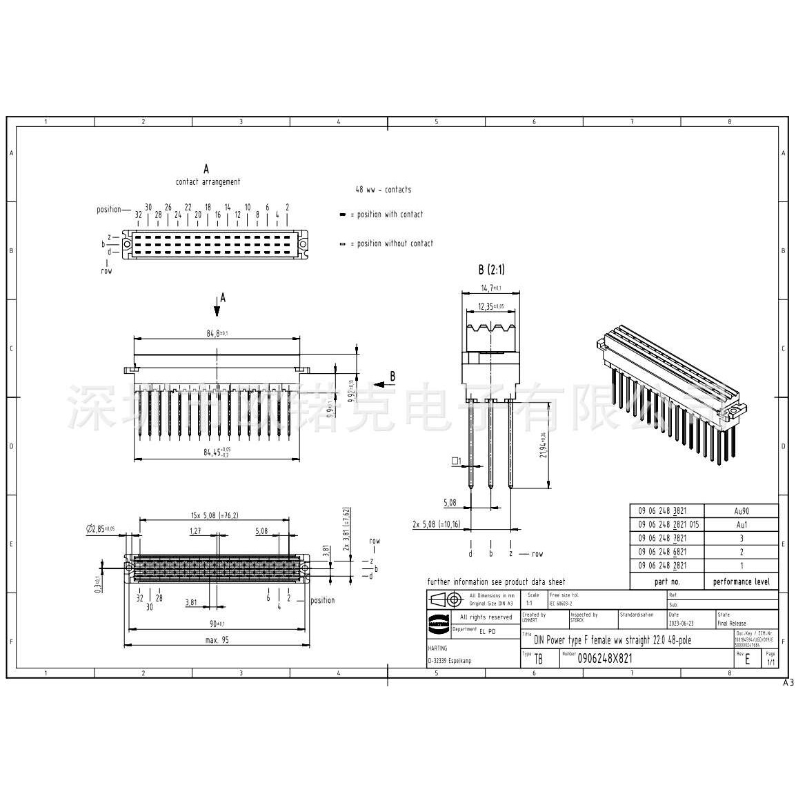 HARTING浩亭F型PCB连接器DIN 41612DIN电源连接器09062486821