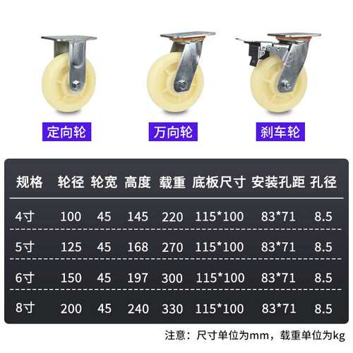 不锈钢脚轮重型304尼龙4、5、6、8寸防腐蚀潮湿万向带刹车滑轮子