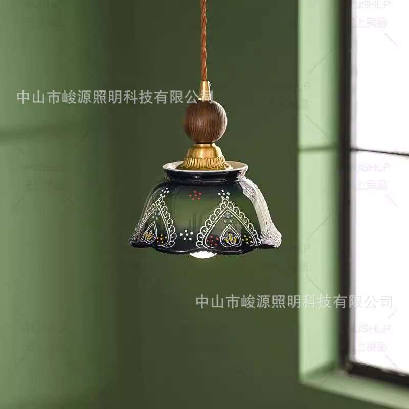法式绿色吊灯中古风复古入户玄关小吊灯粉色少女心手工陶瓷吊灯